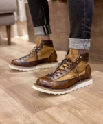 UNITYPUREMAX™ Vintage Patchwork Canvas & Cowhide Leather Boots — Handmade British-Style High-Top Retro Cargo Boots