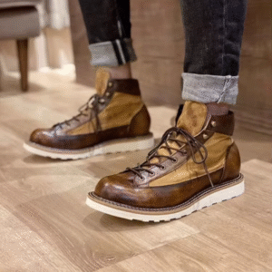 UNITYPUREMAX™ Vintage Patchwork Canvas & Cowhide Leather Boots — Handmade British-Style High-Top Retro Cargo Boots