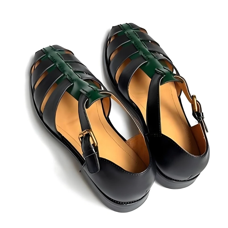 UNITYPUREMAX™ Summer Retro Men’s Hollow-Out Cow Leather Buckle Sandals — Handmade Leisure Comfort in Black & Green 6