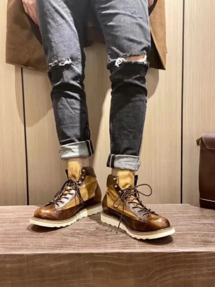UNITYPUREMAX™ Vintage Patchwork Canvas & Cowhide Leather Boots — Handmade British-Style High-Top Retro Cargo Boots 2