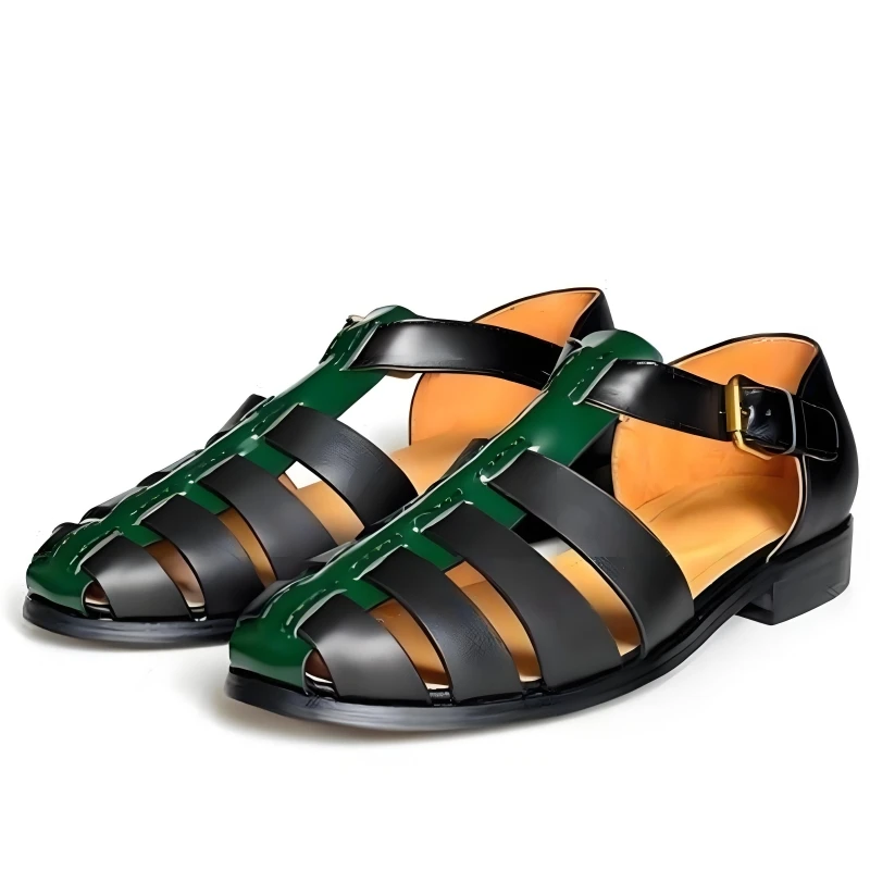 UNITYPUREMAX™ Summer Retro Men’s Hollow-Out Cow Leather Buckle Sandals — Handmade Leisure Comfort in Black & Green 5