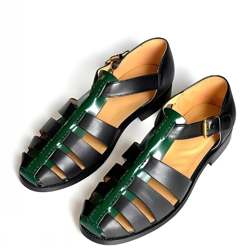 UNITYPUREMAX™ Summer Retro Men’s Hollow-Out Cow Leather Buckle Sandals — Handmade Leisure Comfort in Black & Green 4