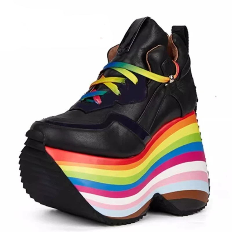 UNITYPUREMAX™ Black High Cut Thick Bottom Women’s Height Increasing Shoes - Women’s 13cm Black Platform Leather Shoes