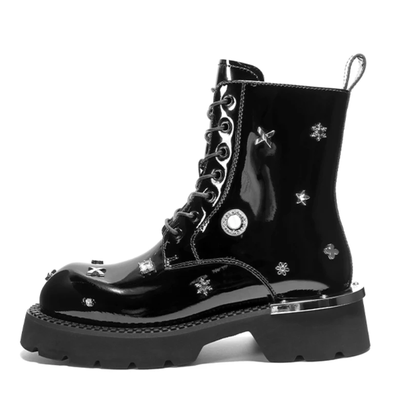 Genuine Leather Rivet Designer Height Increasing Boots for Women | UNITYPUREMAX™ British Street Fashion Patent Leather Height-Increasing Ankle Boots 3