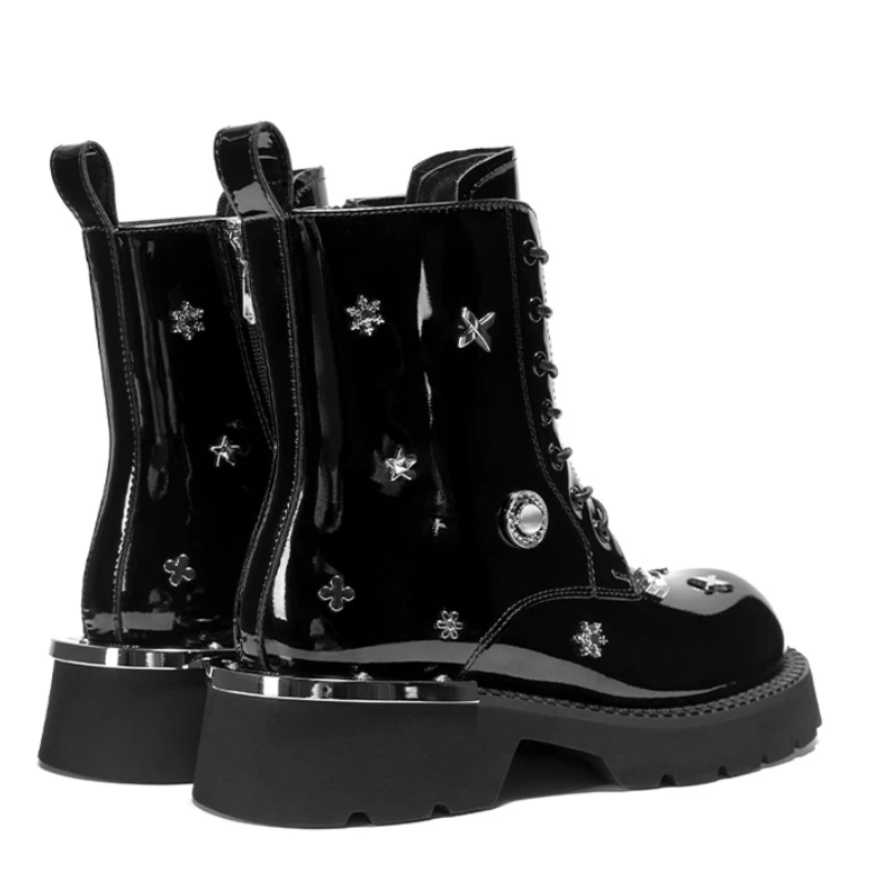 Genuine Leather Rivet Designer Height Increasing Boots for Women | UNITYPUREMAX™ British Street Fashion Patent Leather Height-Increasing Ankle Boots 5