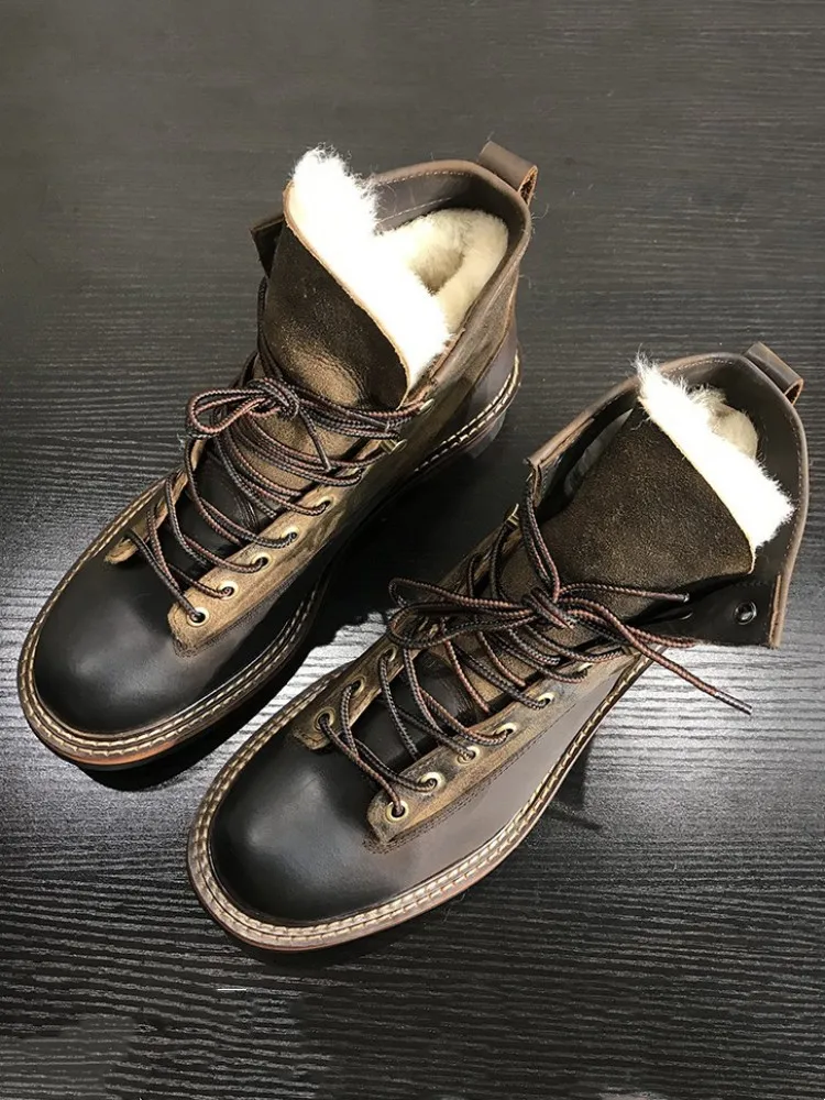 UNITYPUREMAX™ Handmade Winter Wool-Lined Leather Motorcycle Boots – Vintage Cowhide High-Top Warm Work Cargo Shoes for Men 4