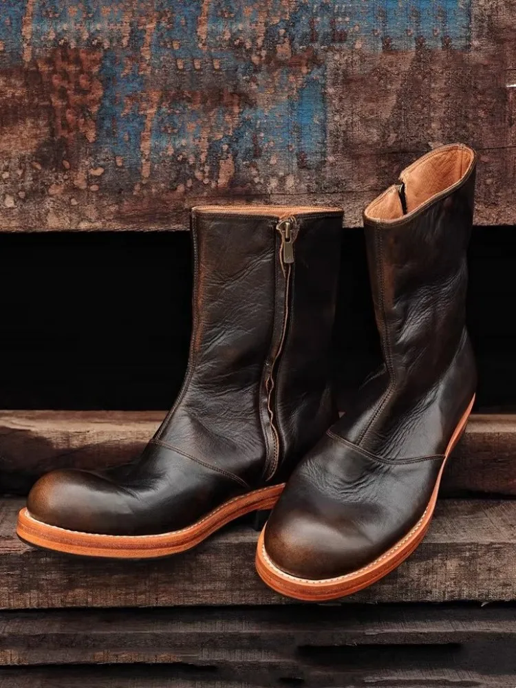 UNITYPUREMAX™ Vintage Handmade Leather Mid-Calf Chelsea Boots – Men’s Round-Toe Zip Motorcycle & Cowboy Style Boots 1