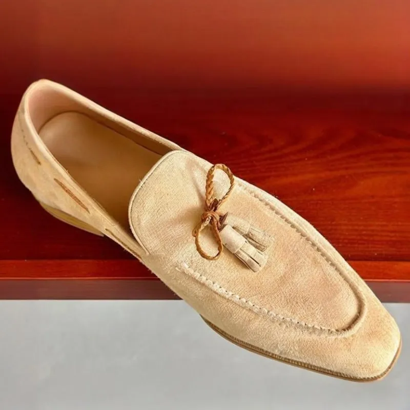 UNITYPUREMAX™ Handmade Sheepskin Square-Toe Tassel Yellow Loafers – Retro British Style Men’s Leather Dress Slip-Ons 10