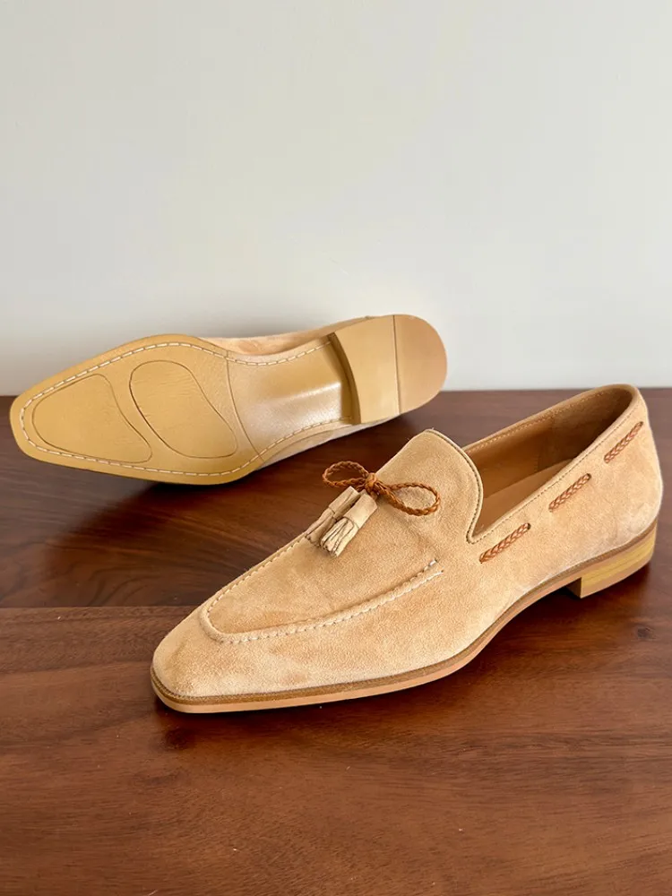 UNITYPUREMAX™ Handmade Sheepskin Square-Toe Tassel Yellow Loafers – Retro British Style Men’s Leather Dress Slip-Ons 1