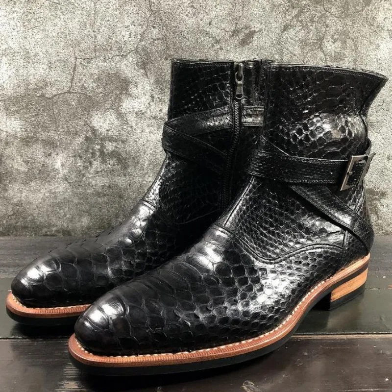 UNITYPUREMAX™ Handmade Snakeskin Leather Pointed-Toe Ankle Boots – Men’s Minimal Zip High-Top Boots 13