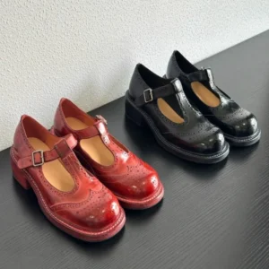 UNITYPUREMAX™ Women’s Handmade Washed Horsehide Mary Janes – Retro Carved Leather Shoes with Chunky Square Heel 1