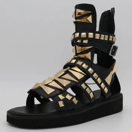 UNITYPUREMAX™ Men’s Genuine Leather Punk Gladiator Sandals – Hollow Platform Summer Ankle Boots with Rivets 1