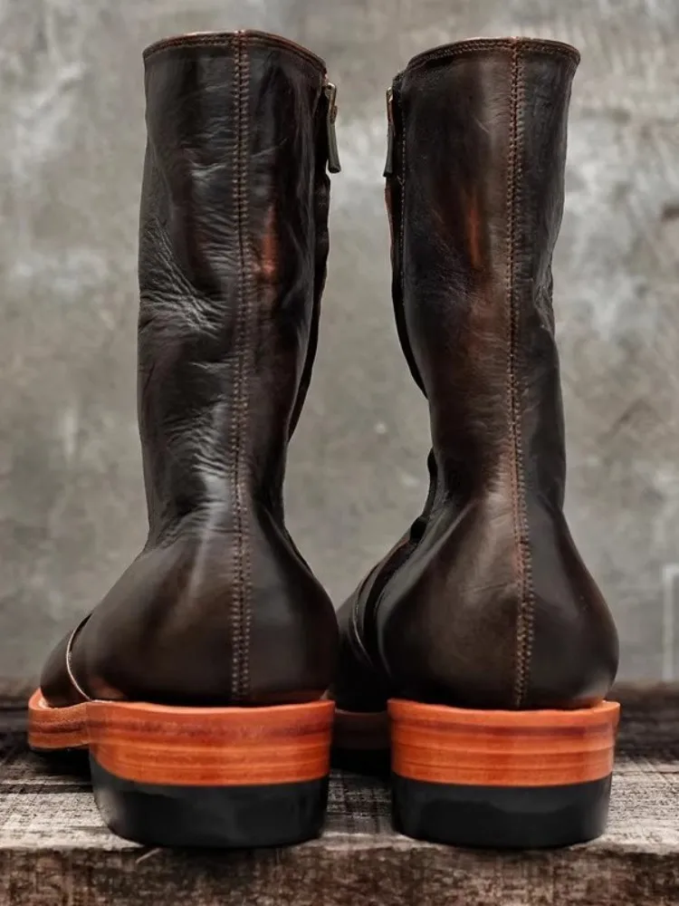UNITYPUREMAX™ Vintage Handmade Leather Mid-Calf Chelsea Boots – Men’s Round-Toe Zip Motorcycle & Cowboy Style Boots 4