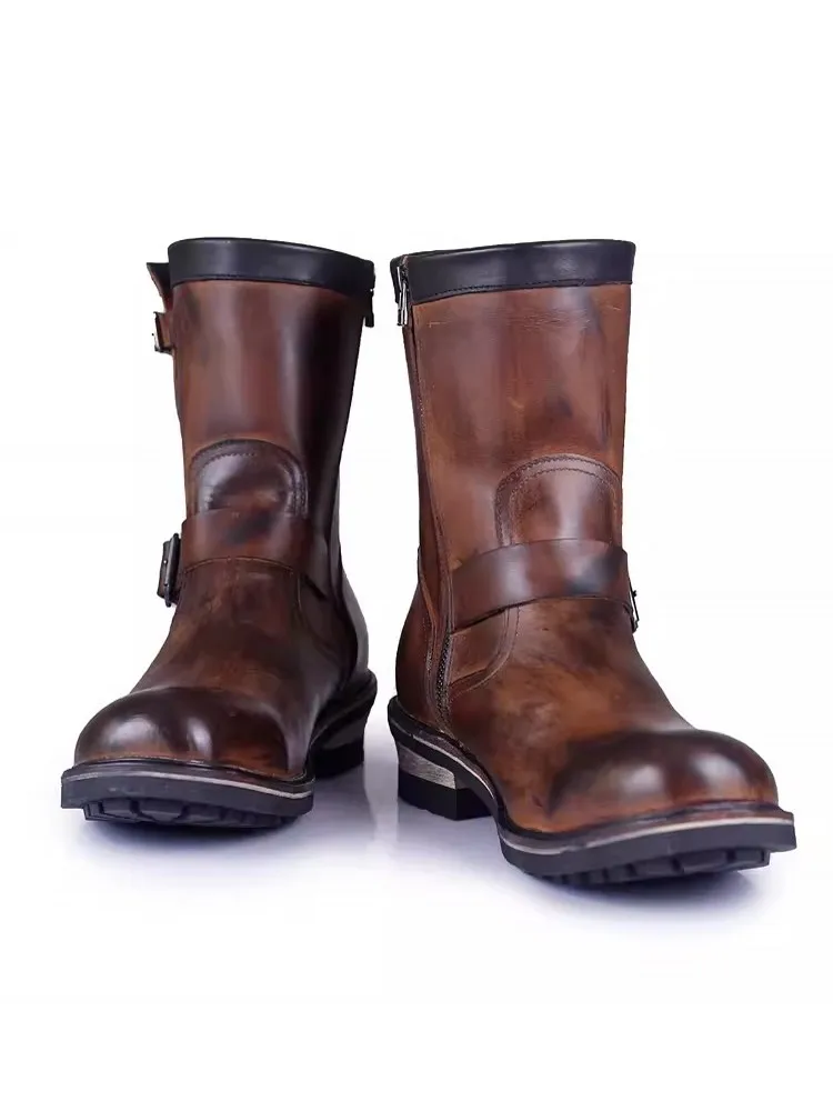 UNITYPUREMAX™ Vintage Cowhide Engineer Boots – Handmade Men’s Motorcycle Buckle Zip Work Boots 4