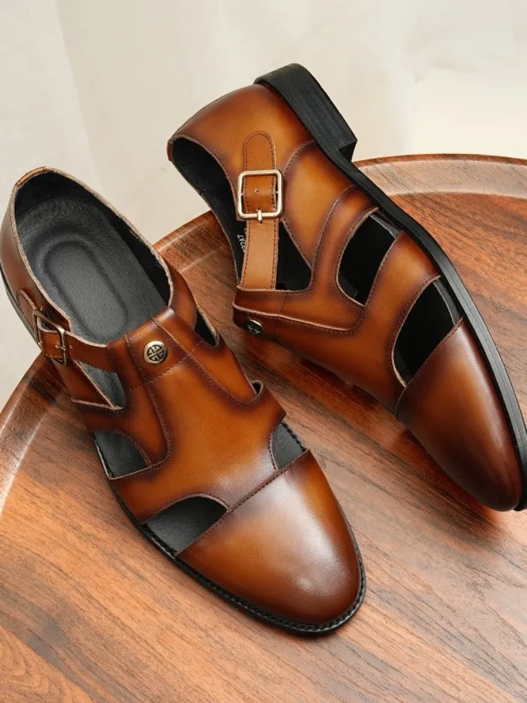 UNITYPUREMAX™ Men’s Handmade Cowhide Hollow-Out Sandals – Vintage Buckle-Strap Breathable Leather Summer Shoes 3