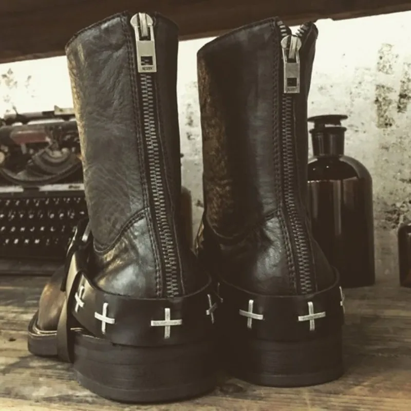 UNITYPUREMAX™ Handmade Horsehide Punk Platform Ankle Boots – Men’s Zipper Buckle Height-Increase Boots 12