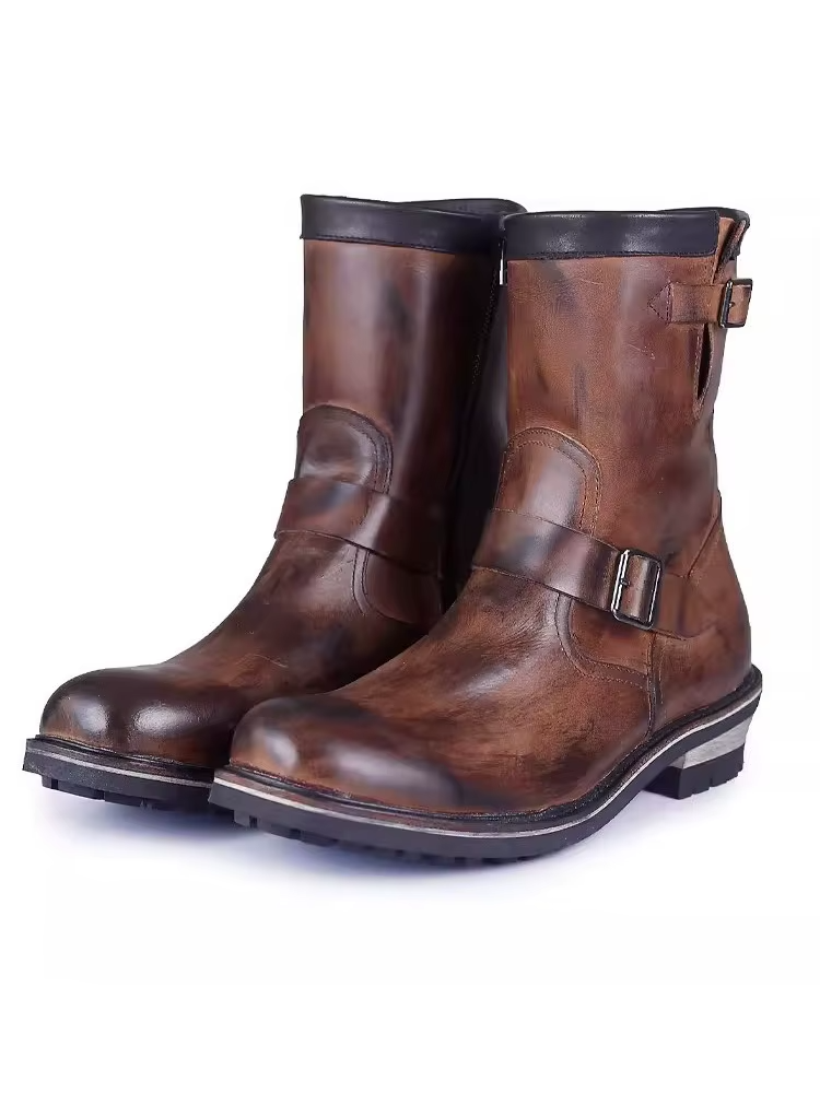 UNITYPUREMAX™ Vintage Cowhide Engineer Boots – Handmade Men’s Motorcycle Buckle Zip Work Boots