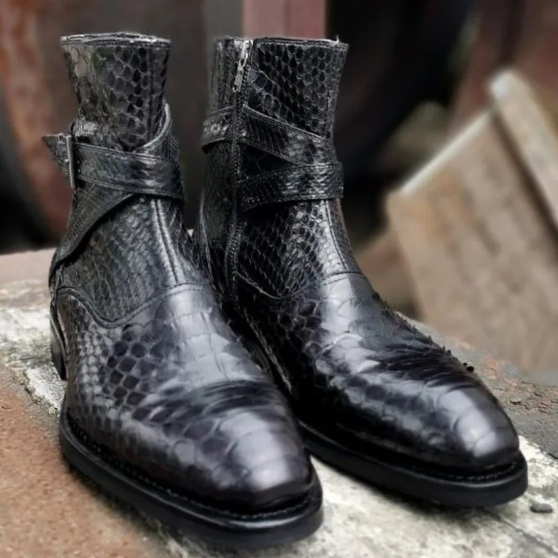 UNITYPUREMAX™ Handmade Snakeskin Leather Pointed-Toe Ankle Boots – Men’s Minimal Zip High-Top Boots 8
