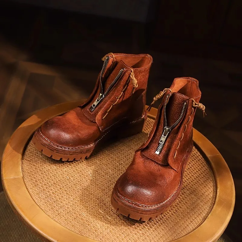 UNITYPUREMAX™ Handmade Cowhide Desert-Motorcycle Hybrid Boots – Men’s Thick-Sole Western Round-Toe Leather Zip Ankle Boots 2