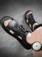 UNITYPUREMAX™ Men’s Genuine Leather Roman Sandals – Breathable Hollow-Out Outdoor Flat Summer Shoes 4