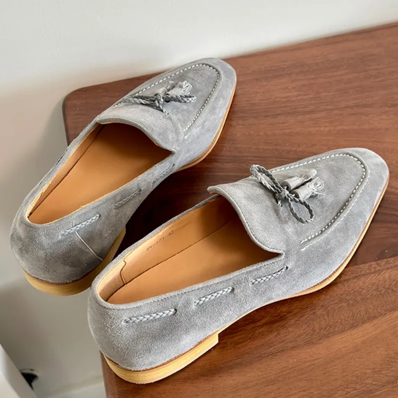 UNITYPUREMAX™ Handmade Sheepskin Square-Toe Tassel Yellow Loafers – Retro British Style Men’s Leather Dress Slip-Ons 12