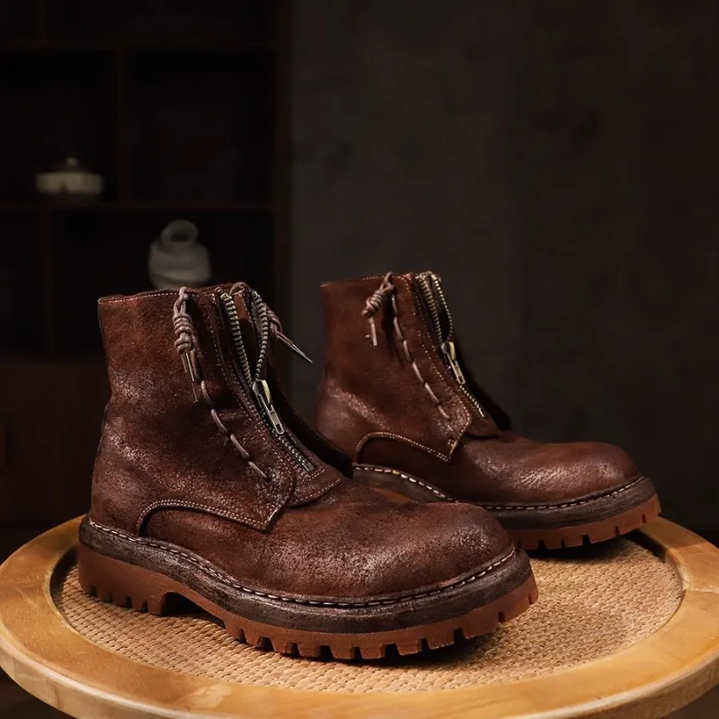 UNITYPUREMAX™ Handmade Cowhide Desert-Motorcycle Hybrid Boots – Men’s Thick-Sole Western Round-Toe Leather Zip Ankle Boots 5