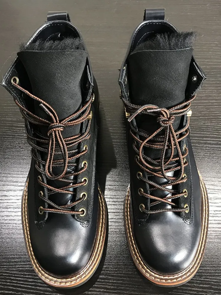 UNITYPUREMAX™ Handmade Winter Wool-Lined Leather Motorcycle Boots – Vintage Cowhide High-Top Warm Work Cargo Shoes for Men 6