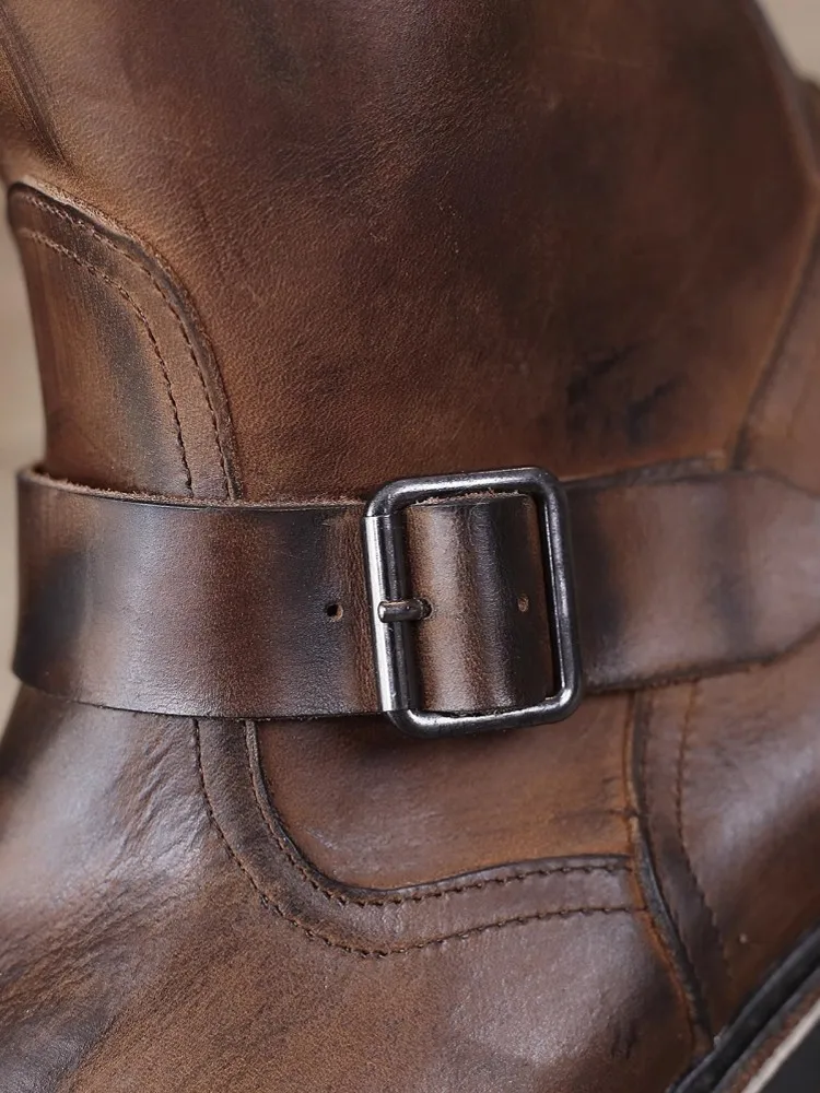 UNITYPUREMAX™ Vintage Cowhide Engineer Boots – Handmade Men’s Motorcycle Buckle Zip Work Boots 6