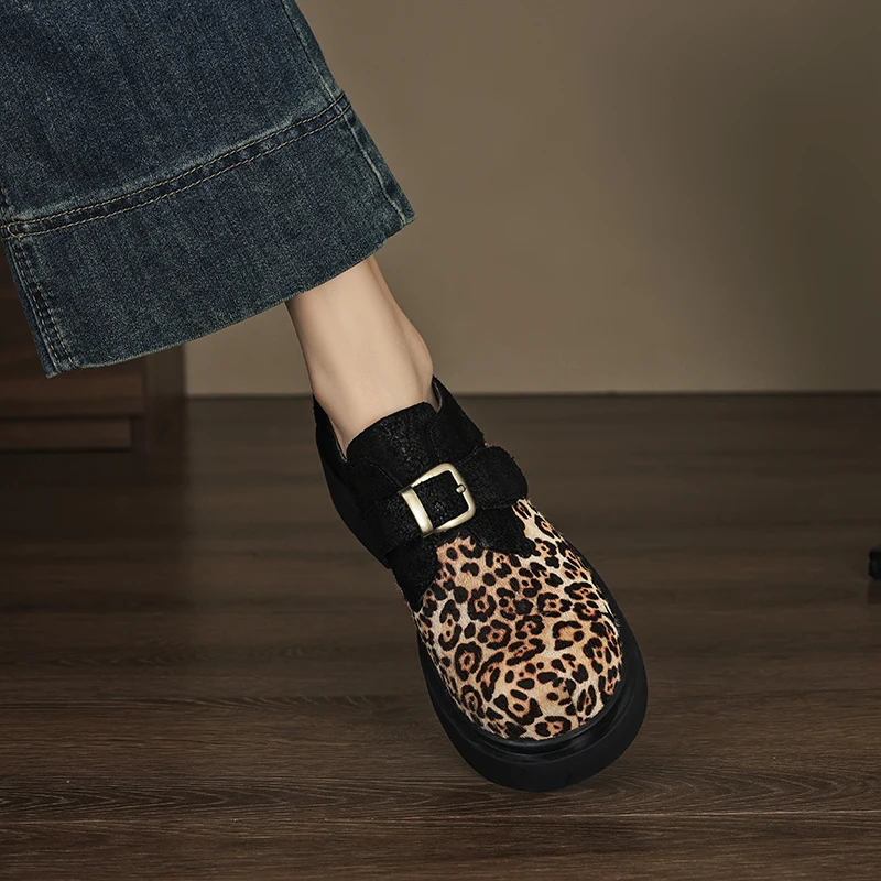 UNITYPUREMAX™ Women’s Genuine Horsehair Leopard Loafers – Platform Slip-On Wedge Casual Shoes with Metal Buckle 2