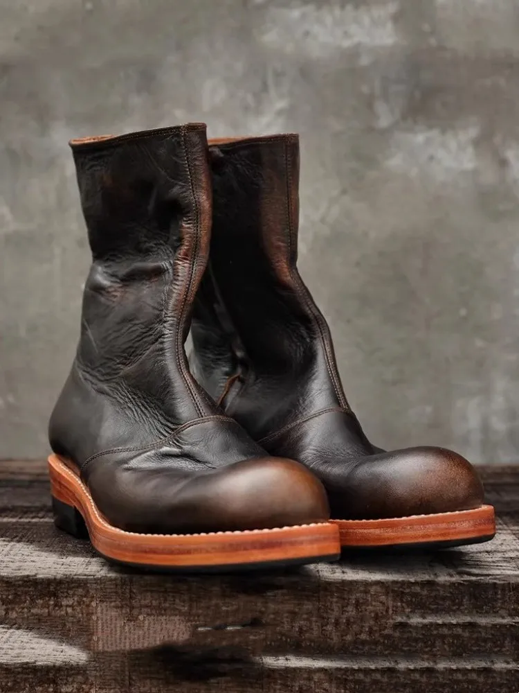 UNITYPUREMAX™ Vintage Handmade Leather Mid-Calf Chelsea Boots – Men’s Round-Toe Zip Motorcycle & Cowboy Style Boots 3