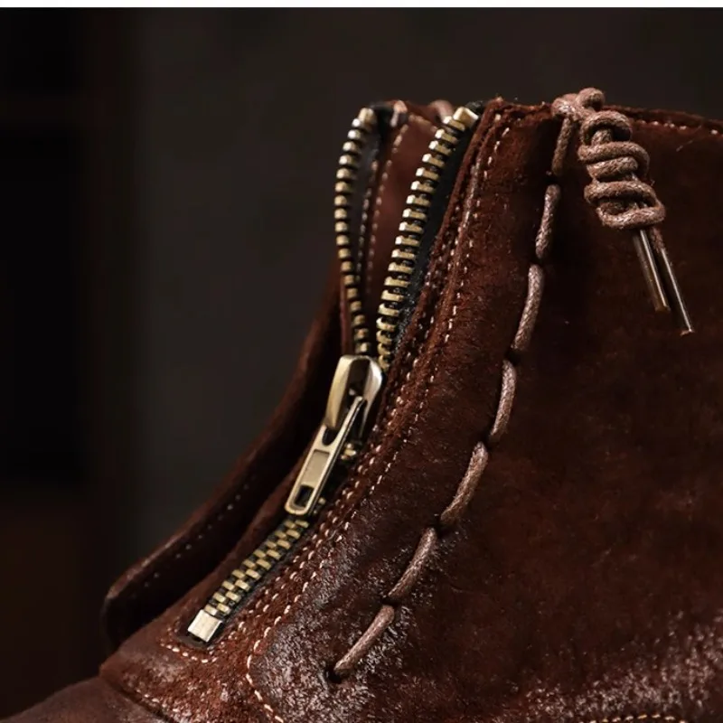 UNITYPUREMAX™ Handmade Cowhide Desert-Motorcycle Hybrid Boots – Men’s Thick-Sole Western Round-Toe Leather Zip Ankle Boots 6