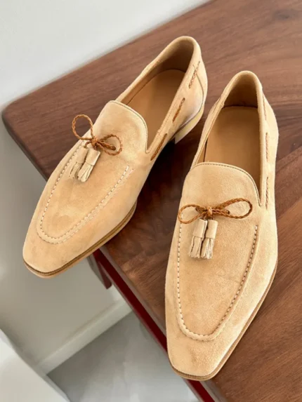 UNITYPUREMAX™ Handmade Sheepskin Square-Toe Tassel Yellow Loafers – Retro British Style Men’s Leather Dress Slip-Ons 2