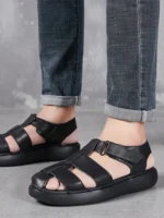 UNITYPUREMAX™ Men’s Cowhide Closed-Toe Gladiator Sandals – Breathable Platform Leather Hook & Loop Casual Shoes 5