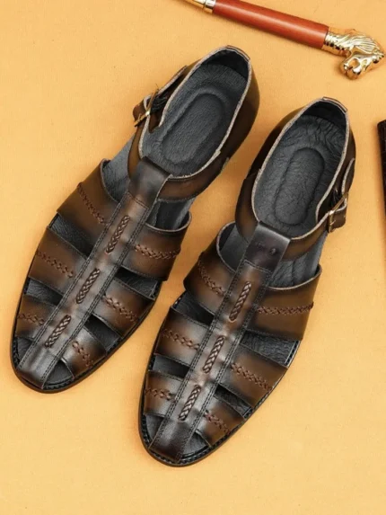 UNITYPUREMAX™ Men’s Handmade Cowhide Weave Gladiator Sandals – Vintage Hollow-Out Leather Work & Casual Shoes 1