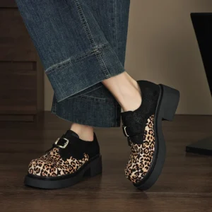 UNITYPUREMAX™ Women’s Genuine Horsehair Leopard Loafers – Platform Slip-On Wedge Casual Shoes with Metal Buckle 1