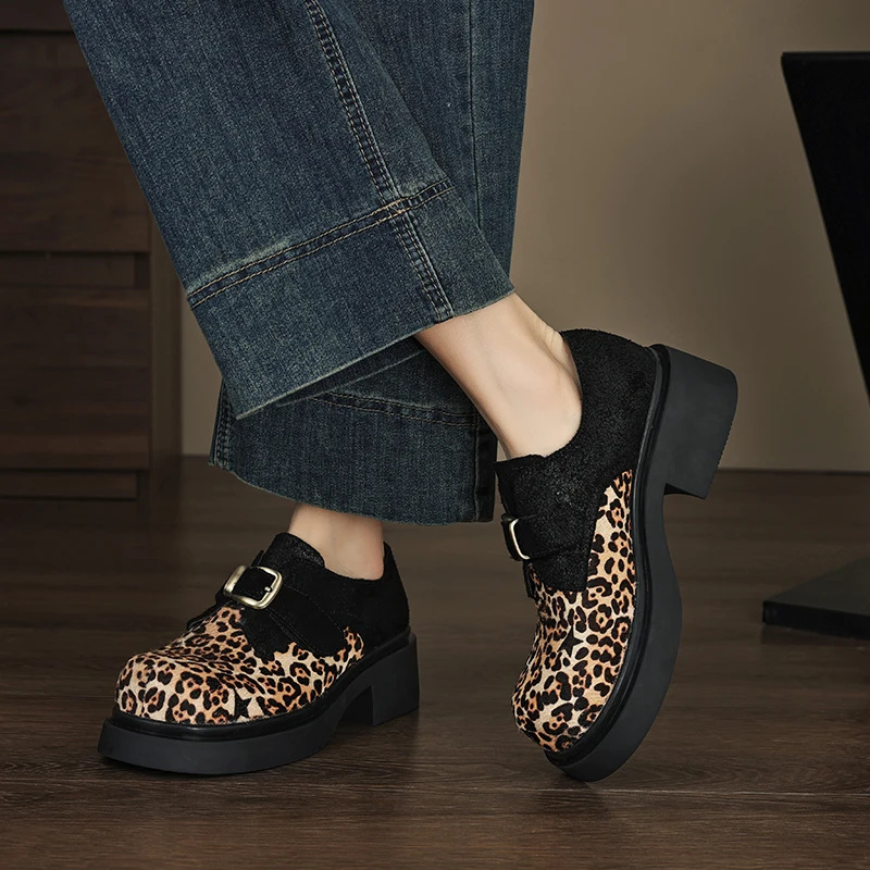UNITYPUREMAX™ Women’s Genuine Horsehair Leopard Loafers – Platform Slip-On Wedge Casual Shoes with Metal Buckle 1