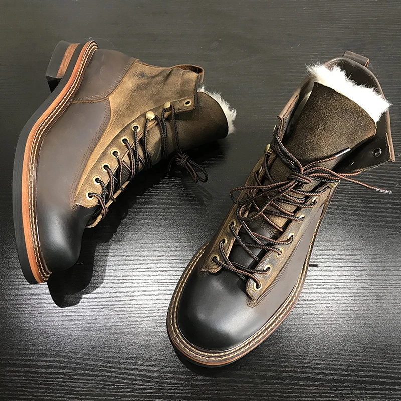 UNITYPUREMAX™ Handmade Winter Wool-Lined Leather Motorcycle Boots – Vintage Cowhide High-Top Warm Work Cargo Shoes for Men 14