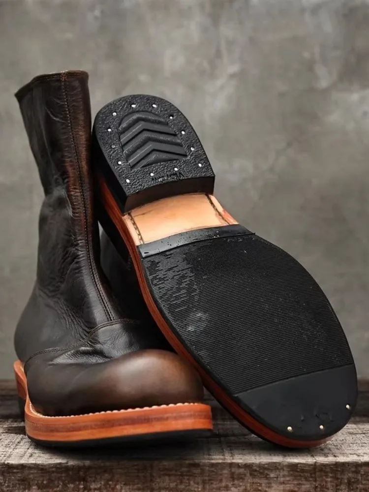 UNITYPUREMAX™ Vintage Handmade Leather Mid-Calf Chelsea Boots – Men’s Round-Toe Zip Motorcycle & Cowboy Style Boots 5