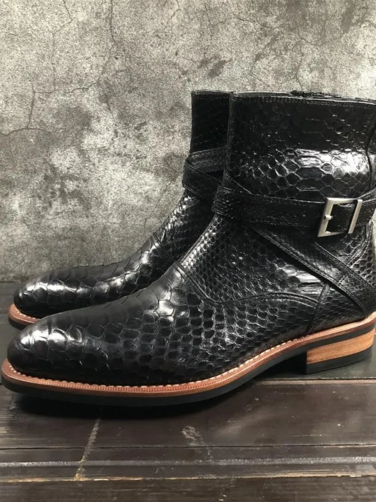 UNITYPUREMAX™ Handmade Snakeskin Leather Pointed-Toe Ankle Boots – Men’s Minimal Zip High-Top Boots 5
