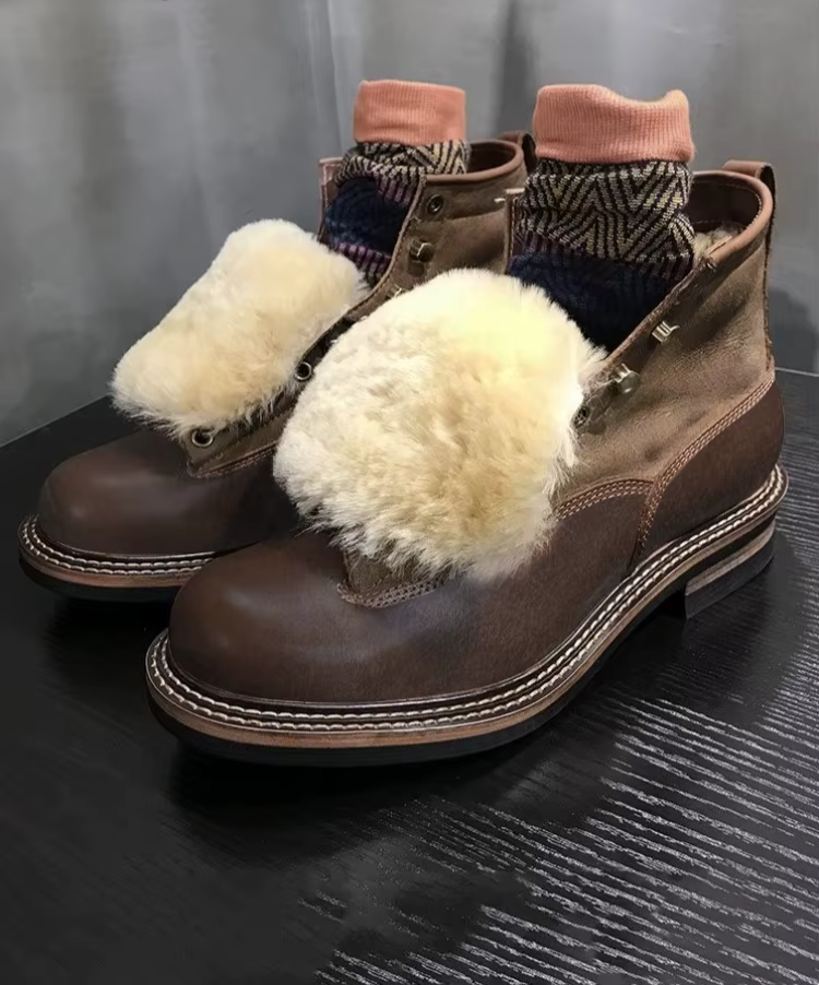 UNITYPUREMAX™ Handmade Winter Wool-Lined Leather Motorcycle Boots – Vintage Cowhide High-Top Warm Work Cargo Shoes for Men