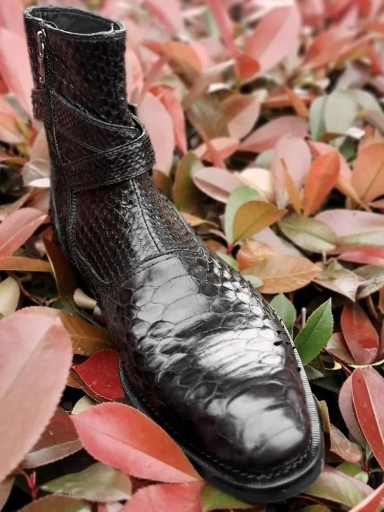 UNITYPUREMAX™ Handmade Snakeskin Leather Pointed-Toe Ankle Boots – Men’s Minimal Zip High-Top Boots 2