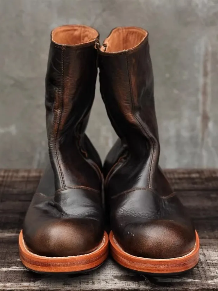 UNITYPUREMAX™ Vintage Handmade Leather Mid-Calf Chelsea Boots – Men’s Round-Toe Zip Motorcycle & Cowboy Style Boots 2
