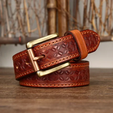 UNITYPUREMAX “Lucky Totem Heritage” Genuine Vintage Lucky Totem Cowhide Belt Copper-Buckle Belt – Soft Grain Leather Men’s Jeans Belt 1
