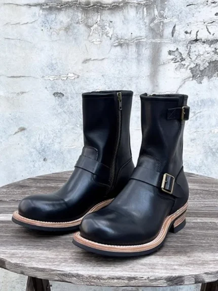UNITYPURMAX Men’s Genuine Cowhide Motorcycle Boots – Vintage Zipper Mid-Calf Leather Boots 1