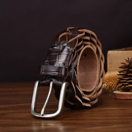 UNITYPUREMAX™ Men’s Hand-Woven Leather Belt 3.3CM – Crocodile Embossed Cowhide 1