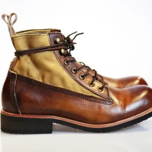 UNITYPUREMAX Men's Retro Canvas Motorcycle Boots - Handmade Distressed Leather High-Top Ankle Boots 1