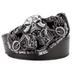 UNITYPUREMAX™ Fire Skull Heavy Metal Motorcycle Belt – PU Leather Rider Belt with Flame Skull Zinc Alloy Buckle 1