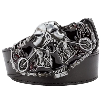 UNITYPUREMAX™ Fire Skull Heavy Metal Motorcycle Belt – PU Leather Rider Belt with Flame Skull Zinc Alloy Buckle 1