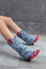 UNITYPUREMAX™ Women’s Snake Print Denim Ankle Boots | Western Pointed Toe Thick Heel 4