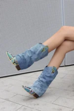 UNITYPUREMAX™ Women’s Snake Print Denim Ankle Boots | Western Pointed Toe Thick Heel 1